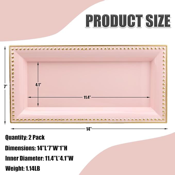 Leemxiiny 2 Pack Pink Bathroom Vanity Tray for Countertop with Beads, Small Plastic Toilet Tank Versatile Storage Organization Tray for Makeup, Perfume, Desk, Kitchen, Candles, 14"x7"x1", 36P