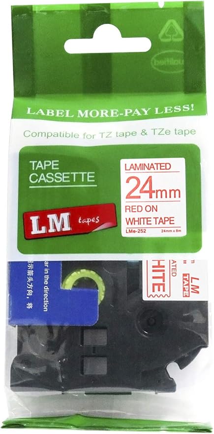 1/Pack LM Tapes - LMe252 Premium 1" Red Print on White Label Compatible with Brother TZe-252 P-Touch and Includes Tape Color/Size Guide. Replaces TZ-252 24mm 0.94 Laminated Ptouch.