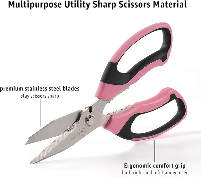 BoFuYuan 8-Inch Utility Scissors All Purpose Heavy Duty, Serrated Blade, Pink Comfort Grip for Cutting Carpet, Cardboard, Leather, Fabric, Multipurpose Sharp Shears for Kitchen, Garden, Office, Carft