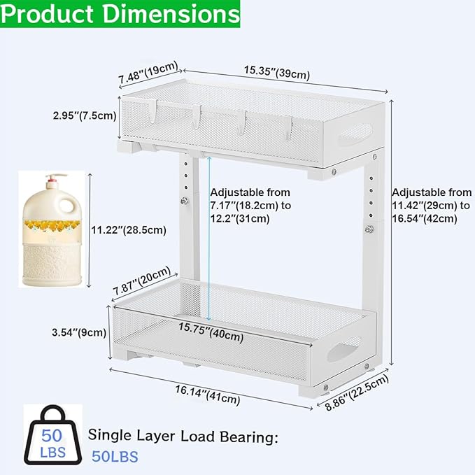 Under Sink Organizer, 2-Tier Pull Out Cabinet Organizer with Adjustable Height, Use in Kitchen Bathroom Cabinet and Countertop Storage, White, 2-Pack