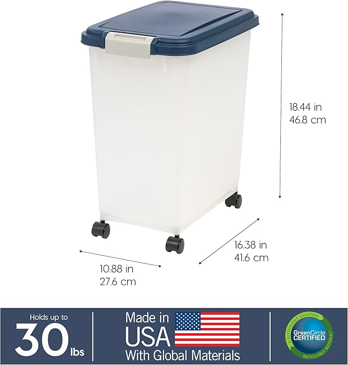 IRIS USA 30 Lbs / 33 Qt WeatherPro Airtight Pet Food Storage Container with Attachable Casters, For Dog Cat Bird and Other Pet Food Storage Bin, Keep Fresh, Easy Mobility, BPA Free, Navy/Pearl