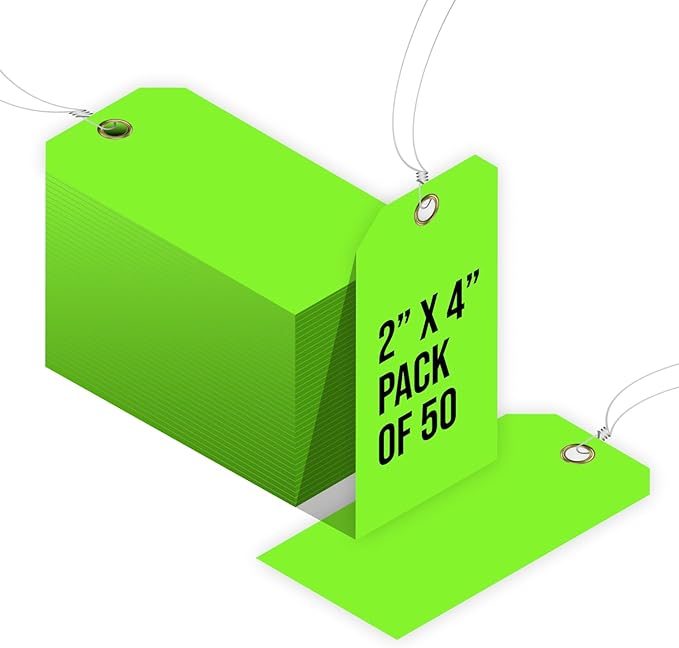 Tags 4 Less 15 Mil Blank Plastic Hang Tags with Attached Wires – 2" x 4" Heavy Duty Waterproof Hanging Labels for Outdoor Tagging, Equipment, Luggage, Valves & More (Fluorescent Green, Pack of 50)