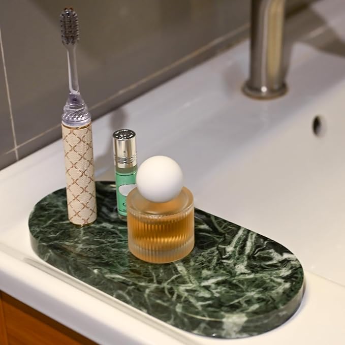 SWRONP Marble Tray for Kitchen Counter,Stone Tray for Bathroom Countertop,Dresser Vanity Decor Tray,Storage Trays for Perfumes,Candles,Jewelry (Dark Green)