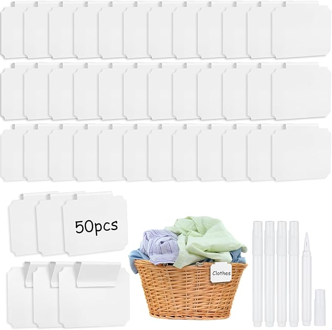50 Pcs White Basket Labels Clip with 4 Black Chalk Markers Reusable Plastic Storage Bin Erasable Labels Kitchen Pantry PVC Tag Stickers for Fabric Cubes Basket Box Organization