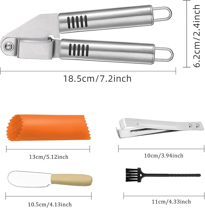 MANJIA Garlic Press and Peel Set Stainless Steel- Rust Proof Garlic Mincer Tool - Easy-Squeeze, Easy-Clean Silicone Garlic Peeler & Brush (Orange)