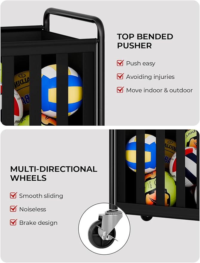 StorageWorks Ball Storage with Wheels, Ball Cart for Garage, Garage Sports Equipment Organizer, Balls Organizer for Basketball, Football, Volleyball