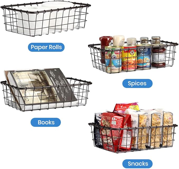 TimberAura 4 Pack Large Wire Baskets, 15" x 9" Metal Wire Basket for Pantry Organizers, Kitchen, Bathroom, Office, Stackable Storage Baskets, Bronze