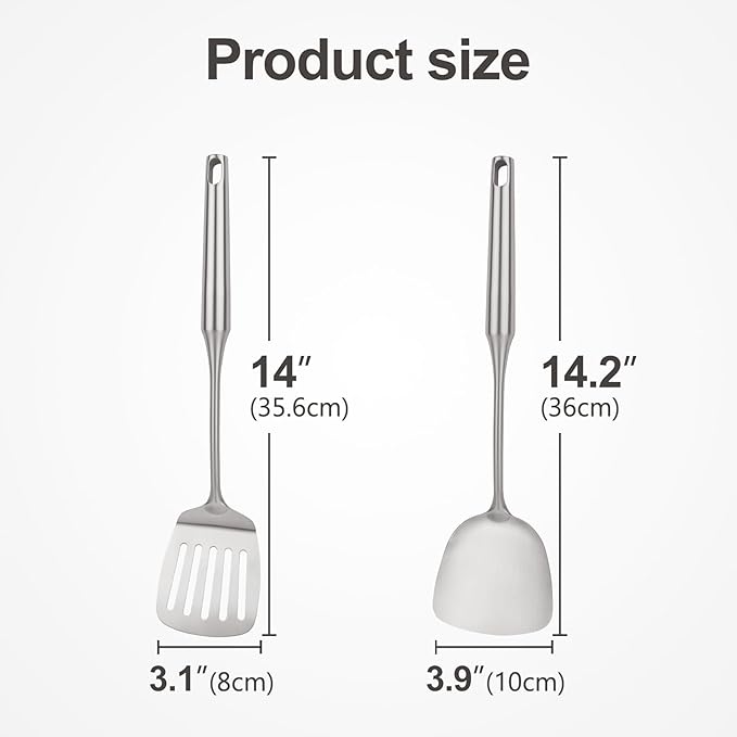 2pcs Metal Kitchen Utensils Set 18/10 Stainless Steel Utensils Set for Cooking, Heat Resistant Wok Tools Set for Chef