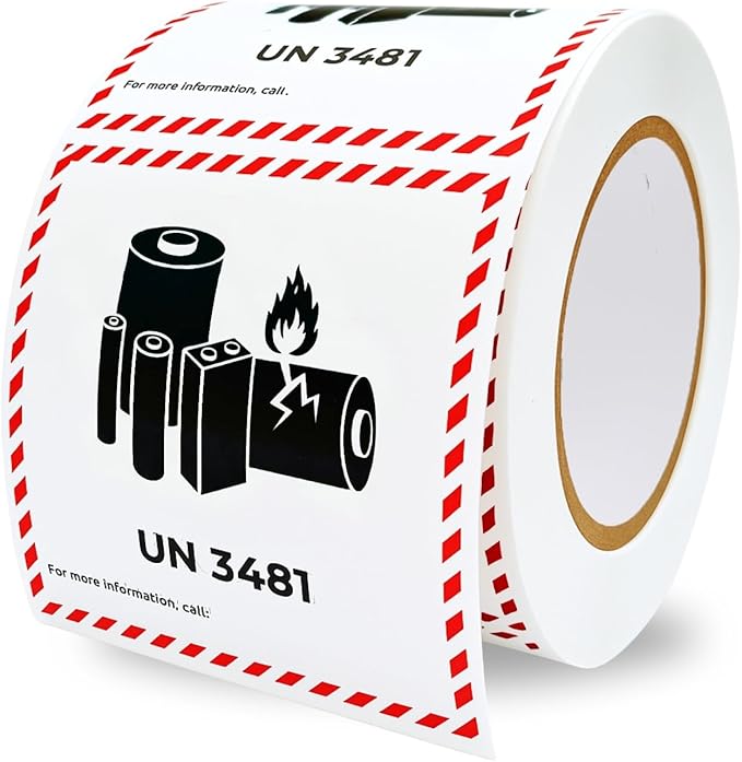 Great Eastern 500 Pcs – UN 3481 Lithium-Ion Battery Labels, 4" x 4" Adhesive Caution Stickers for Shipping, Packaging & Transport Boxes | Fragile Handling Labels, (1 Roll)