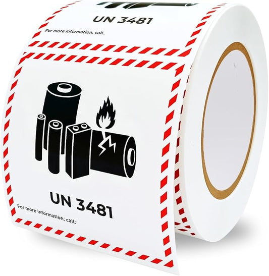 Great Eastern 500 Pcs – UN 3481 Lithium-Ion Battery Labels, 4" x 4" Adhesive Caution Stickers for Shipping, Packaging & Transport Boxes | Fragile Handling Labels, (1 Roll)