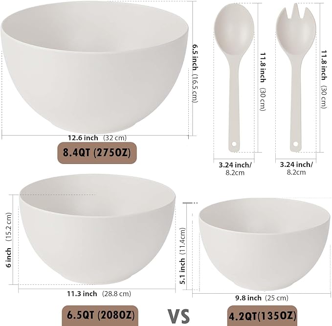 ECOHAGOU 12.6" Extra Large Salad Serving Bowl Set with Wooden Lid&Utensils, 8.4Qt. Bamboo Fiber Salad Bowl with Servers for Kitchen, Lightweight Big Bowl White for Mixing Salad,Fruit,Pasta