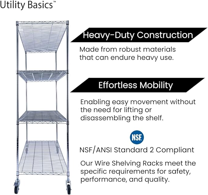 NSF Commercial 4-Tier Wire Shelving with Wheels, 60"x24"x72" Heavy Duty Metal Shelves 3200 lbs Max Capacity, Chrome Storage Rack for Garage Kitchen Pantry Warehouse