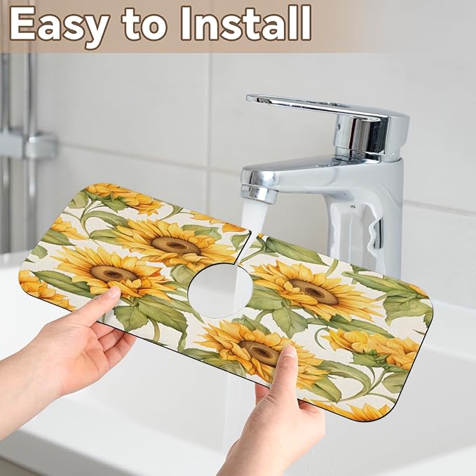 Sunflower Field Kitchen Faucet Mat Splash Guard, 15.4”x5.7” Absorbent Quick Drying Sink Mat for Countertop Protection, Draining Mat Sink Protectors For Kitchen Bathroom, 2 Pack