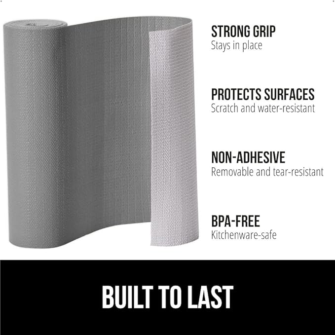 GORILLA GRIP DripGuard Shelf Liner, Non Adhesive Drawer and Kitchen Cabinet Protector, Slip Resistant BPA Free Smooth Surface Plastic Liners for Cabinets, Bathrooms, Closets, 17.5x240 Inch, Gray