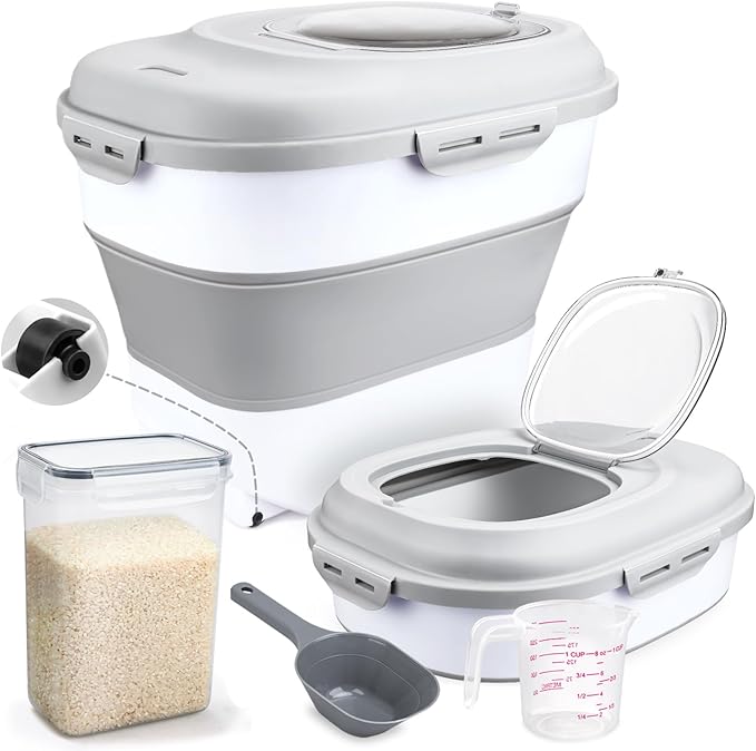 Rice Storage Bin Cereal Containers, 13-50lb Collapsible Rice Container Dispenser with Transparent Lid, Rolling Wheels, Measuring Cup and Scoop, Airtight Dog Cat Pet Food Storage Container White