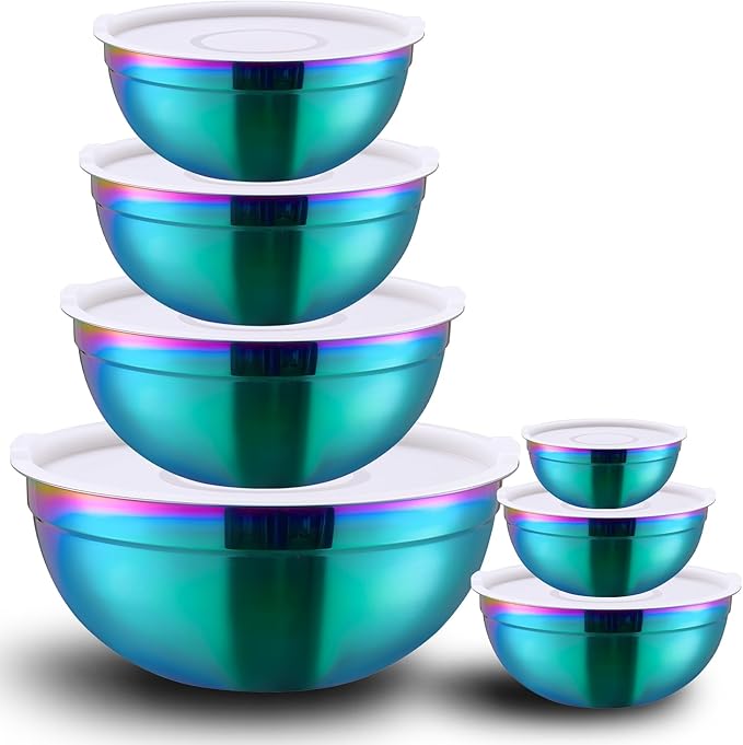 LKTDYMEG Rainbow Mixing Bowls with Lids Set of 7, Stainless Steel Nesting Bowl with Khaki Lid for Non-slip Mixing Prepping Storing Serving, 7 Sizes-7/3.6/2.7/2.1/1.5/1/0.8 QT