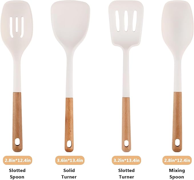 IOCBYHZ Silicone Kitchen Utensils Set of 4, Large Non-Stick Cooking Utensil Set w Wooden Handle Food Grade Heat Resistance Turner Spoon Silicone Cooking Kitchen Gadgets BPA Free for Nonstick Cookware