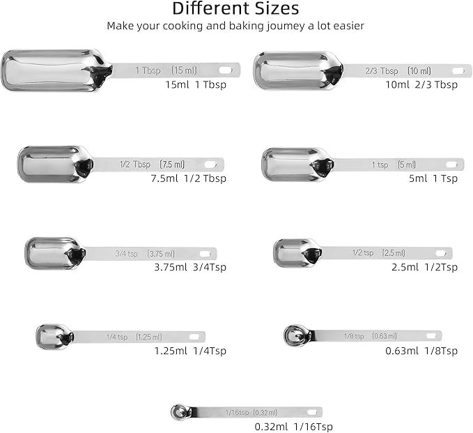 zoyizi Measuring Spoons Set 10, 18/8 Stainless Steel Measuring Spoons for Kitchen & Baking, Long Handle Metric & US Metal Measure Spoon with 1/16tsp, 3/3tsp, 2/3tbsp for Spice Jar