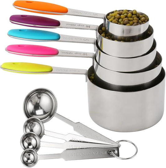 9-Piece Measuring Set, Stainless Steel Cups and Spoons with Handles,Large and small combinations with multiple sizes