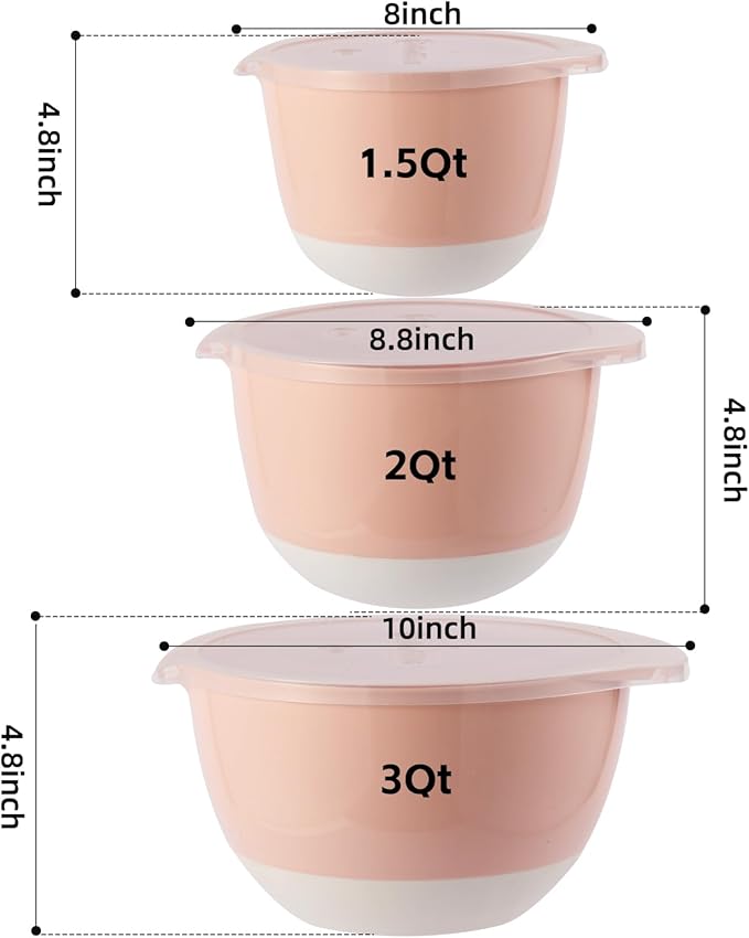 JCXivan 3 Mixing Bowls Set with Lids,Pour Spout and TPR Bottom, Plastic Nesting Bowl Use for Kitchen Cooking-Prep,Serving,Baking Bread Cake,Pancake,Waffle,Non-slip,Dishwasher Safe,3Qt,2Qt,1.5Qt,Pink