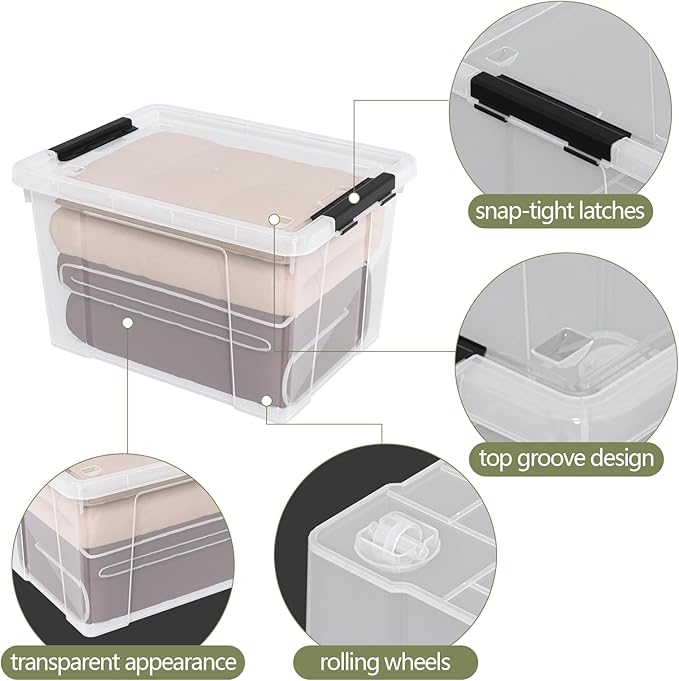 50 Quart Clear Latching Storage Box Bins, 4 Packs, Large Plastic Storage Boxes with Wheels
