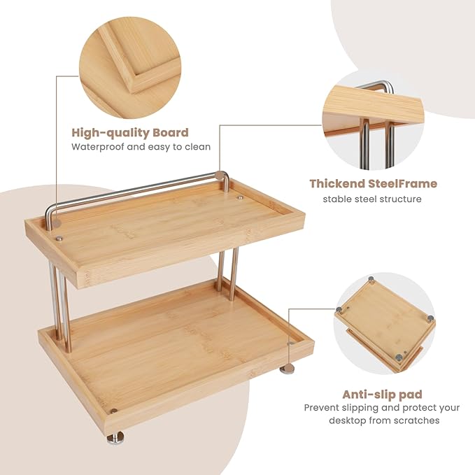 HYNAWIN Bamboo Two-Tier Storage Rack，Tabletop Storage Organizer for Kitchen, Bathroom, Office, and Home Use