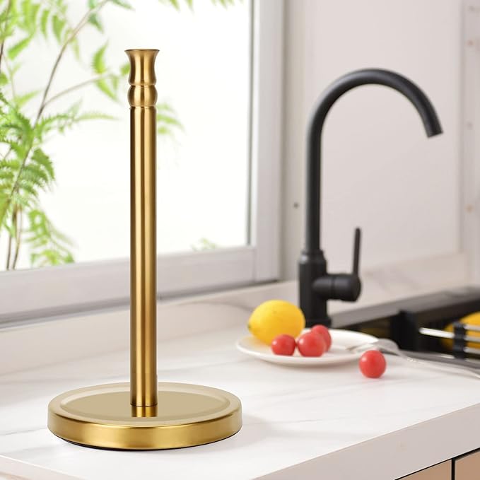 Siwil Gold Paper Towel Holder Stand, One-Handed Ripping Paper Towel Roll Holder Countertop, Stainless Steel Base Rust-Proof, NOT Tip Over