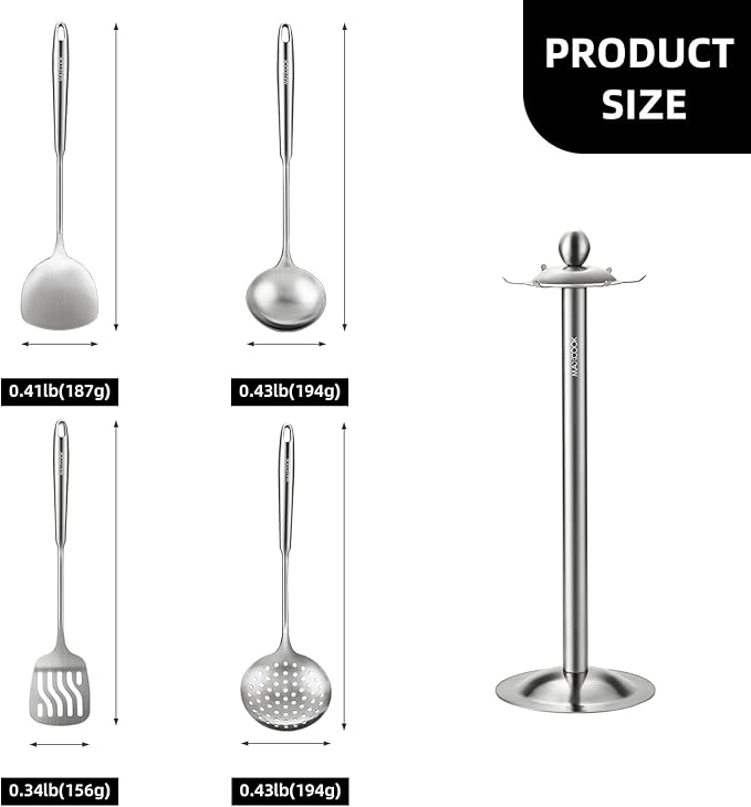 MAXCOOK 5 Pieces Cooking Utensils set, 18/8 Stainless Steel Kitchen Utensil Set with Rotating Holder (Dishwasher Safe)
