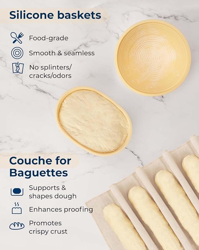Lorzon Silicone Banneton Bread Proofing Baskets Set of 2, 9" Round & 10" Oval Foldable Sourdough Proofing Baskets with Sourdough Bread Baking Supplies, Complete Bread Making Kit