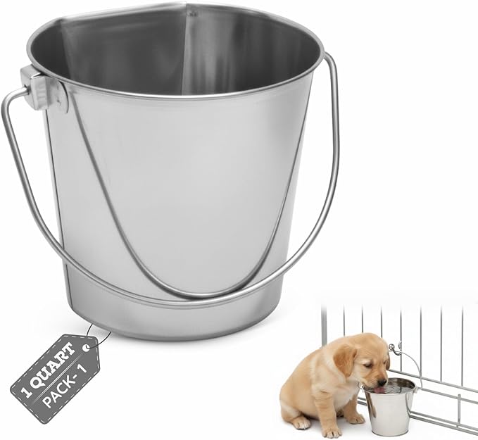 Flat Sided Stainless Steel Bucket, 1 Quart (0.25 Gallon) Hanging Feeding Pail for Small Pet Dogs Cats Birds, Fits Kennels Cages Compatible, Heavy Duty Food & Water Feed, 5" Silver Buckets