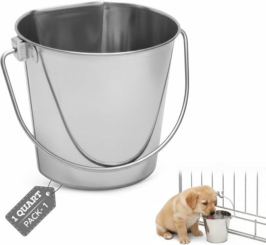 Flat Sided Stainless Steel Bucket, 1 Quart (0.25 Gallon) Hanging Feeding Pail for Small Pet Dogs Cats Birds, Fits Kennels Cages Compatible, Heavy Duty Food & Water Feed, 5" Silver Buckets