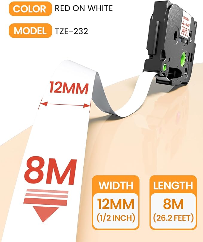 Replacement for Brother TZe-232 TZe232 Red on White TZe TZ Tape 12mm 0.47 Laminated P Touch Label Maker Tape, Compatible with Brother PT-D210 PT-D220 PT-H110 PT-D400 PT-D410 PT-D600 PT-1280, 2-Pack