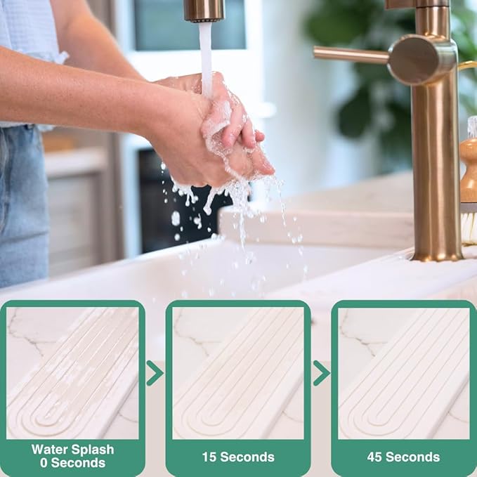 Drying Stone Faucet Mat for Kitchen Sink | Diatomite Sink Tray | Super Absorbent Quick Drying Stone Mat | Kitchen Tray for Counter | Faucet Splash Guard for Bathroom Counter (White, 23.6" x 3.9")