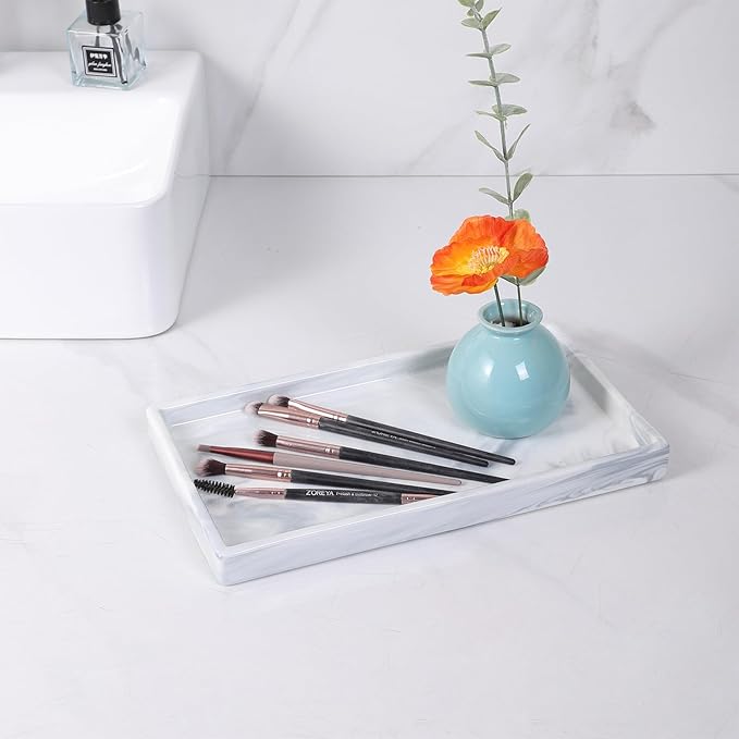 Eyrozia Bathroom Vanity Tray - 11'' Ceramic Rectangle Countertop Tray, Heavy-Duty Perfume Organizer Plate, Jewelry Ring Tray, Kitchen Soap Dispenser Stone Trays, Marble White