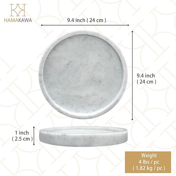 HAMAKAWA Natural Marble Bathroom Vanity Tray, Large Round Sink Tray 9.5 inch, Carrara White Limestone Dresser Tray, Modern Countertop Organizer for Soap Dispenser, Kitchen Counter, Home Decor