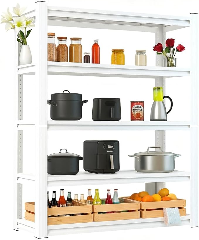 5-Tier Storage Rack is Suitable for Kitchens, pantrys, Warehouses, garages, and Other Similar Spaces. It Measures 28" W x 12" D x 59.8" H Black. ((White) 35.12w×72" h×15.82" d)