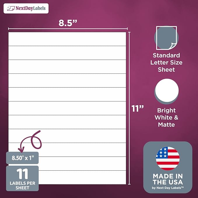 NextDayLabels 8.5x1 Inch Strip Stickers White Blank Labels for Laser Inkjet Printer - 11 Per Sheet Self-Adhesive Unique Size Label Made in USA - 275 Labels