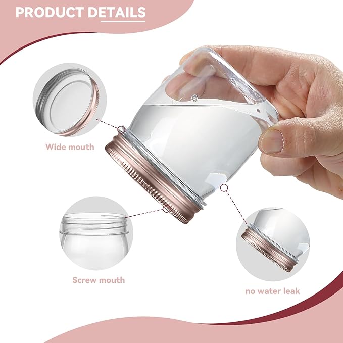 novelinks 8 oz Clear Plastic Jars with Airtight Lids, 24 Pack Plastic Mason Jars with Lids 8oz, Refillable Storage Slime Containers & Small Spice Jar for Kitchen Organization (24 Pack,Rose Gold)