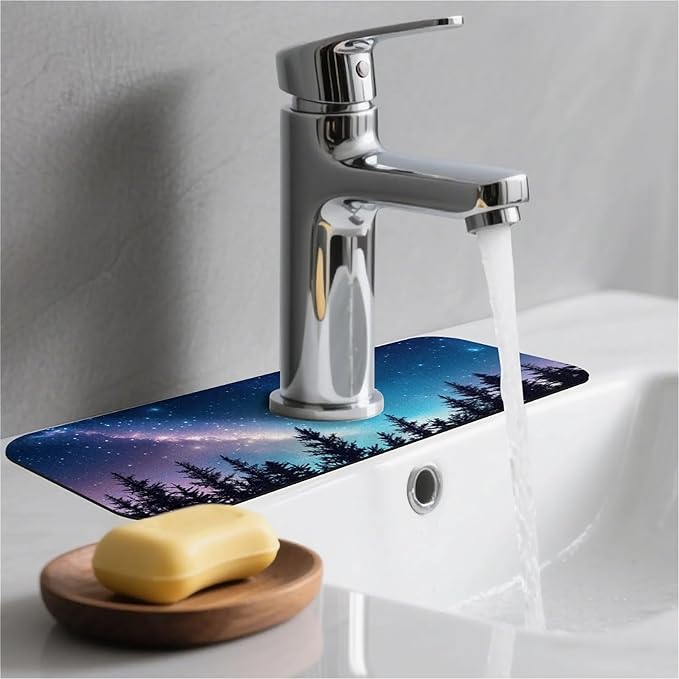 Kitchen Sink Splash Guard，Starry sky Milky Way forest Faucet Mat Sink Gadgets-Super Absorbent Fast Drying Mat Drip Catcher for Kitchen, Bathroom,Sink Mat, Dish Drying Mat, Bathroom(15" X 5.5" )