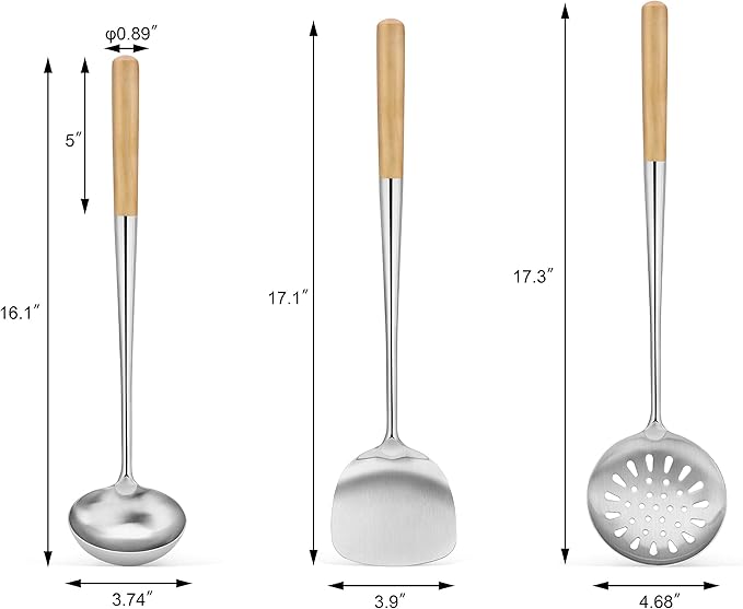 New Star Foodservice 1028737 Commercial-Grade Stainless Steel Specialty Chinese Wok Utensil Set, Spatula, Solid and Perforated Ladle, 16-Inch, 17-Inch, 17-Inch (Hand Wash Recommended)
