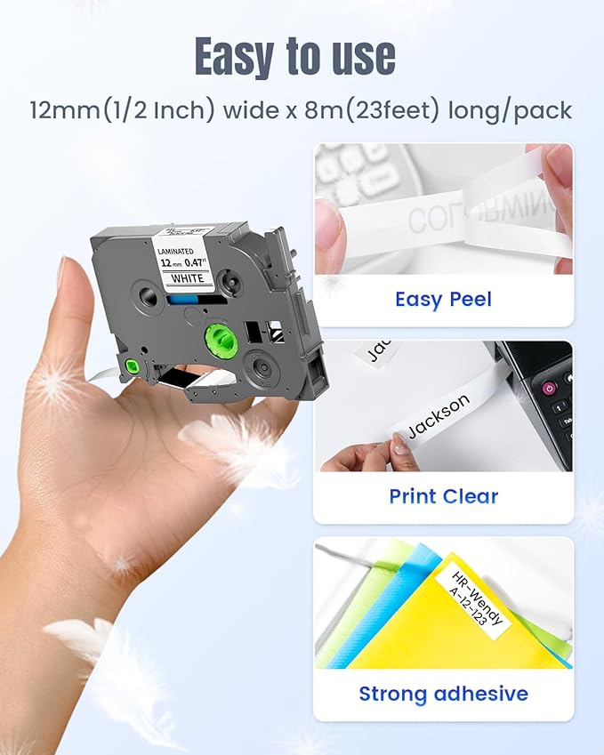 Replace for PT-D210 PT-D220 PT-D200 PT-H100 Label Tape Compatible with Brother Label Maker Tape 12mm 0.47 Inch Laminated White Ptouch TZe-231 TZe231 P Touch TZ Refills, 1/2 Inch * 8m, 4-Cartridges