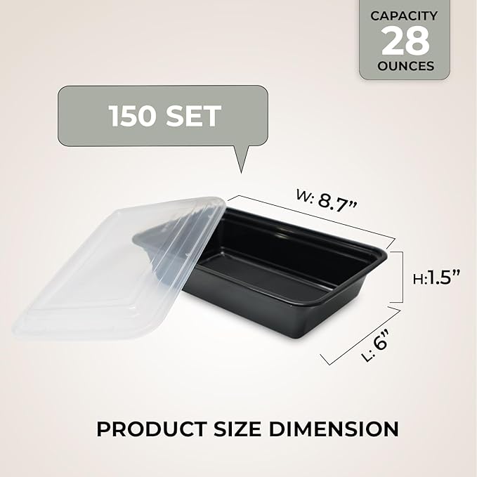 Klex 28 Oz, 150 Sets Meal Prep Containers with Airtight Lids, BPA Free, Reusable Plastic Food Container, 28 oz, Rectangular, Black/Clear, 150 Sets