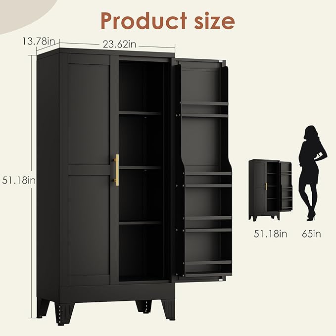 erosoei 51" H Metal Kitchen Pantry Storage Cabinet,Storage Cabinets with Doors and Adjustable Shelves,Freestanding Food Pantry Cabinet Cupboard for Living Room,Dinning Room (Black)