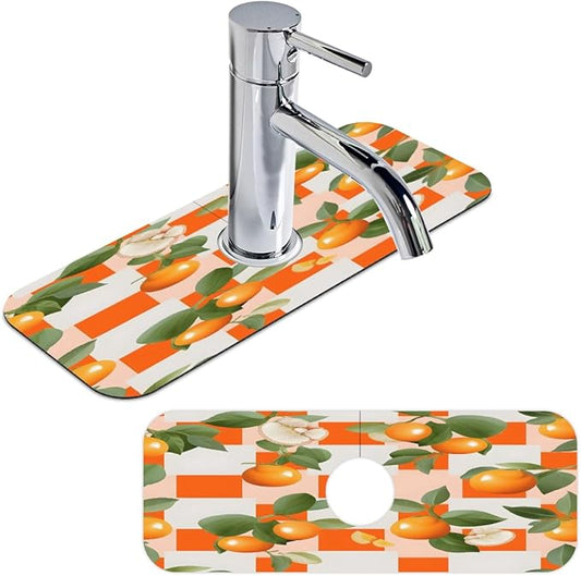 Orange Leaf Grid Pattern Kitchen Faucet Mat Splash Guard, 15.4”x5.7” Absorbent Quick Drying Sink Mat for Countertop Protection, Draining Mat Sink Protectors For Kitchen Bathroom, 2 Pack