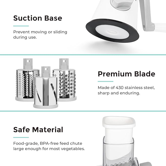 X Home Rotary Cheese Grater for Kitchen, Shredder with 3 Interchangeable Blades, Rotary Grater with Handle and Strong Suction Base, for Vegetables, Fruit, Nuts, Easy to Use and Clean, White