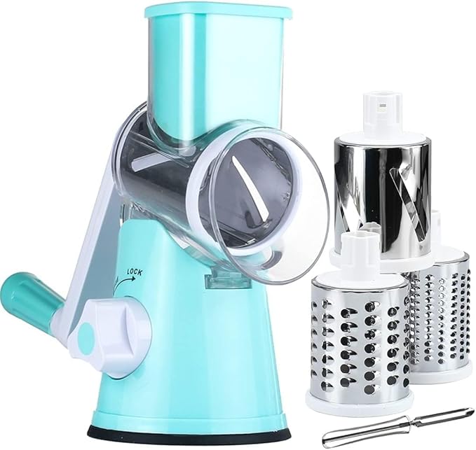 Maxceysen Rotary Cheese Grater with Handle Vegetable Shredder Round Kitchen Slicer Mandoline Grater for Vegetable, Nuts, Chocolate, Cheese, White, 3 Stainless Steel Blades