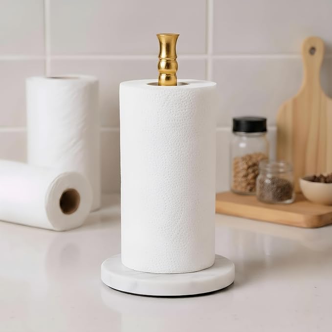 Siwil Paper Towel Holder Stand, One-Handed Ripping Paper Towel Roll Holder Countertop, Heavy Marble Base, NOT Tip Over - (Marble Base, Gold)