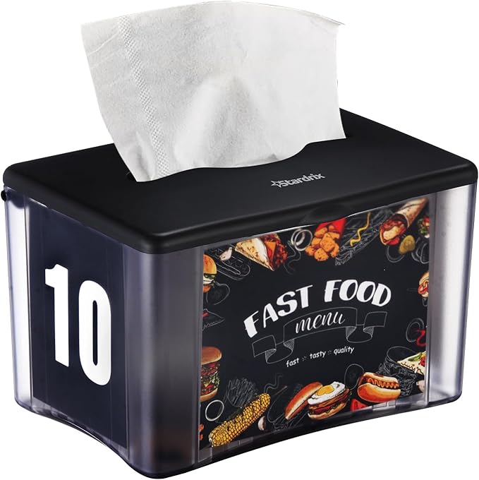 Stardrix Interfold Tabletop Napkin Holder, Commercial Restaurant Napkin Dispenser with 4-Sided Marketing Insert Display, Easy-Access Black Napkin Dispenser for Counters & Tables