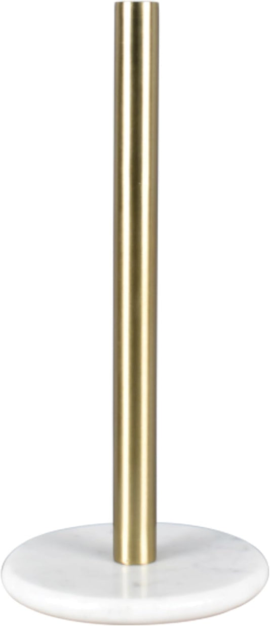 happimess PRH2000D Avery Modern Classic Metal with Non Slip Weighted Marble Base Paper Towel Holder, for Bathroom Kitchen Countertop, Standard or Jumbo-Sized Roll Paper, White/Gold