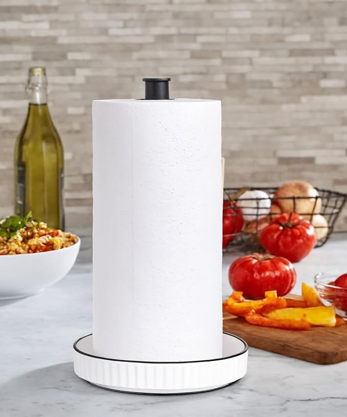 VROOMIUM Black Paper Towel Holder Countertop, Ceramic Base Easy-to-Clean, 1.5 lbs, 7" B x 12.5" H, Stable Elegant and Durable Kitchen Roll Stand